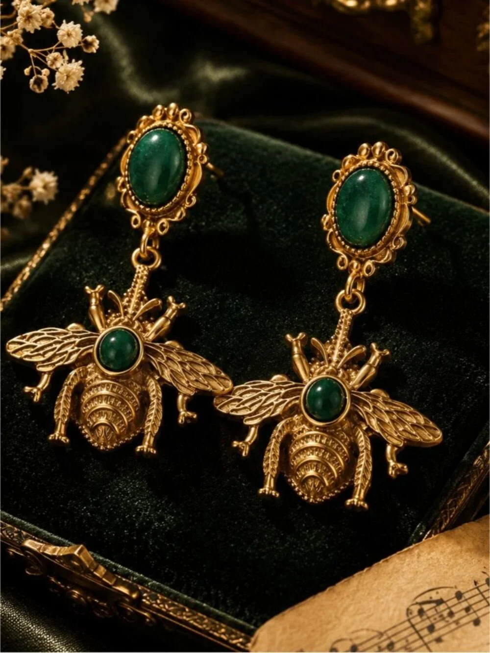 Vintage Gold Bee Drop Earrings with Green Stones